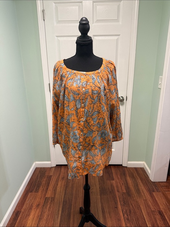 Chaps Tops - Chaps Orange Paisley Button-Front Peasant Blouse